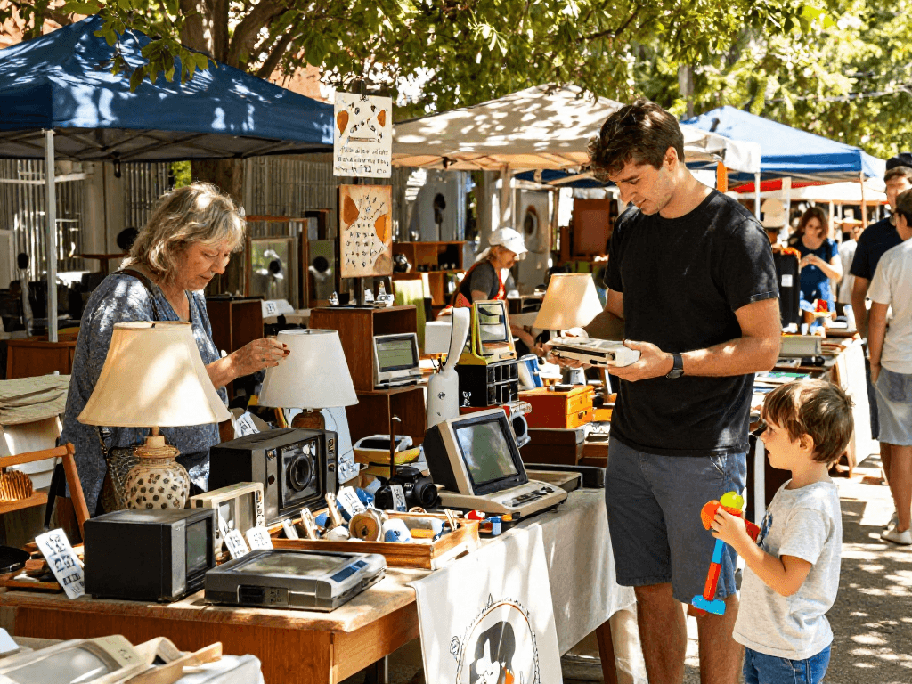 Exploring unique second-hand treasures at a vibrant flea market showcasing rokok 88 items.