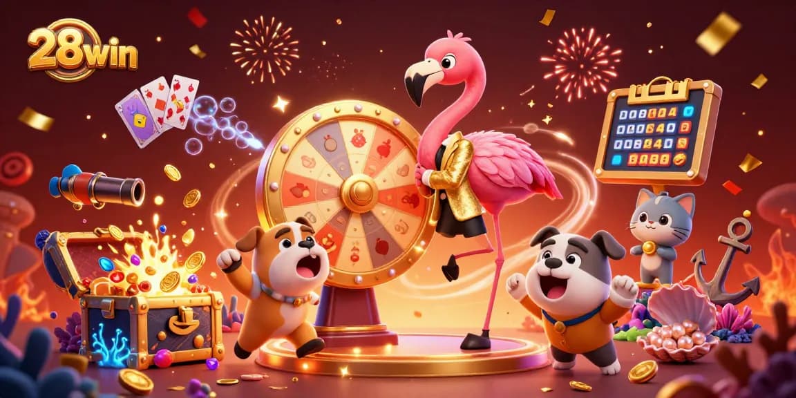 Engage with 28win's vibrant casino scene featuring a golden prize wheel, excited characters, and dazzling decorations.