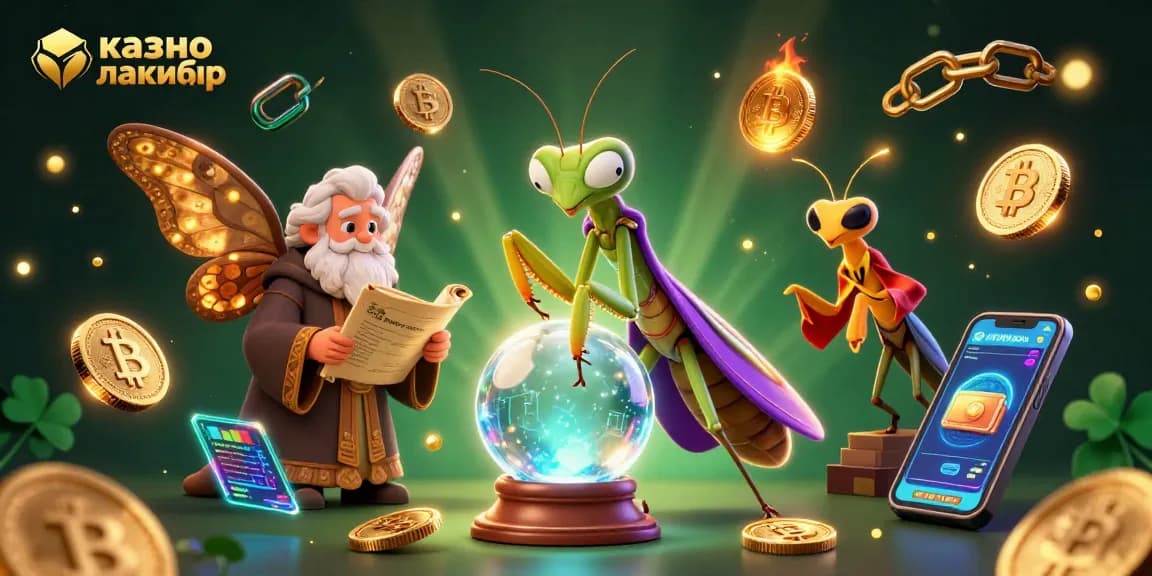 Win big at казино лакибир with a vibrant casino scene featuring a praying mantis fortune teller and cryptocurrency elements.