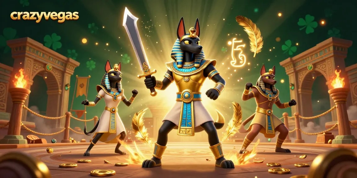 Experience thrilling gameplay at crazyvegas with Anubis and Bastet amidst vibrant casino elements and exciting action.
