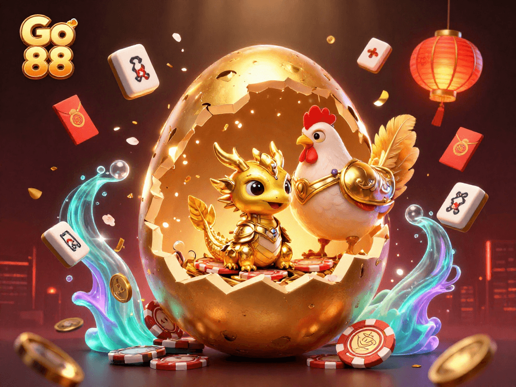 Engage with Go 88 visual featuring a golden dragon, poker chips, and festive casino elements.