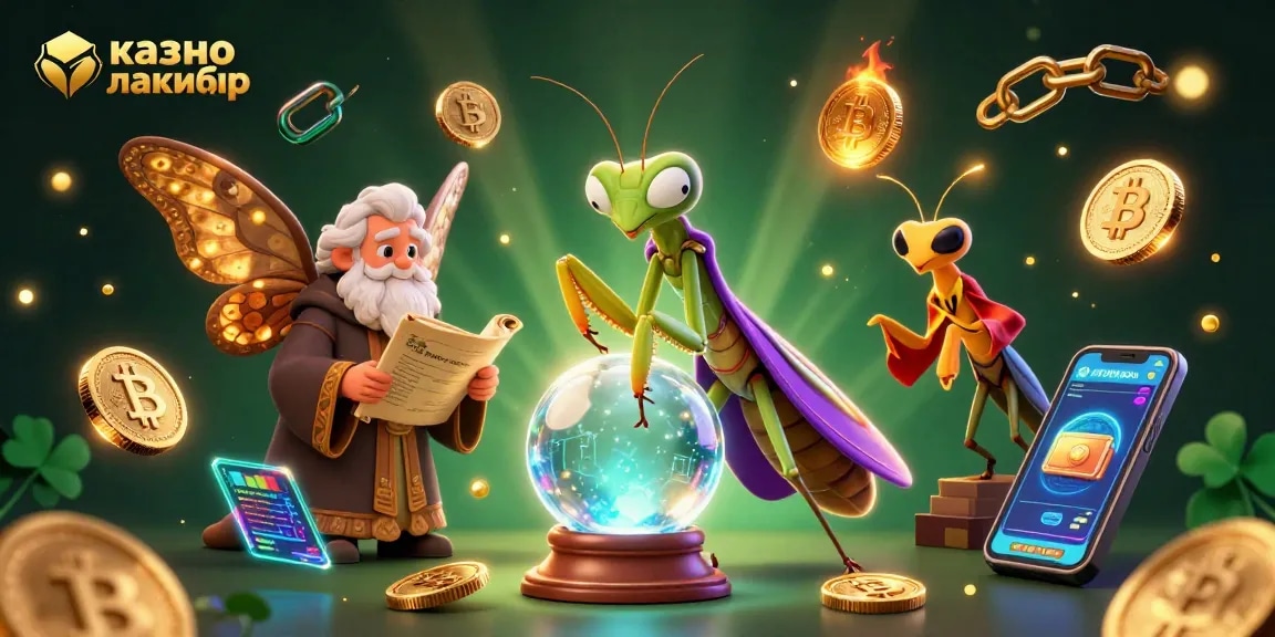 Win big at казино лакибир with a vibrant casino scene featuring a praying mantis fortune teller and cryptocurrency elements.