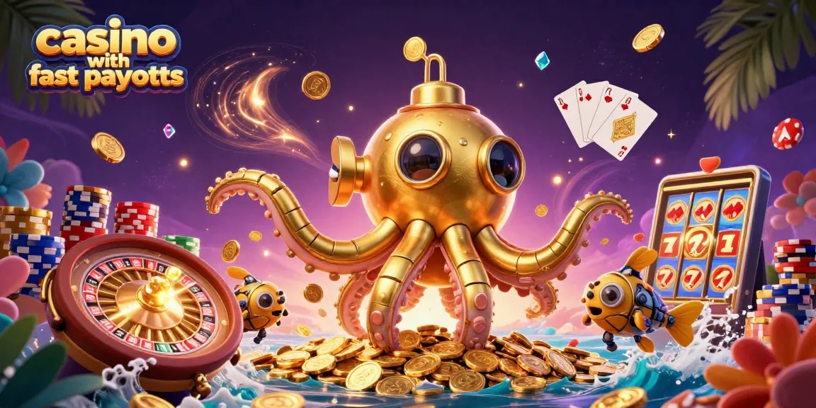 Spin and win at a casino with fast payouts featuring a colorful 3D kraken submarine.