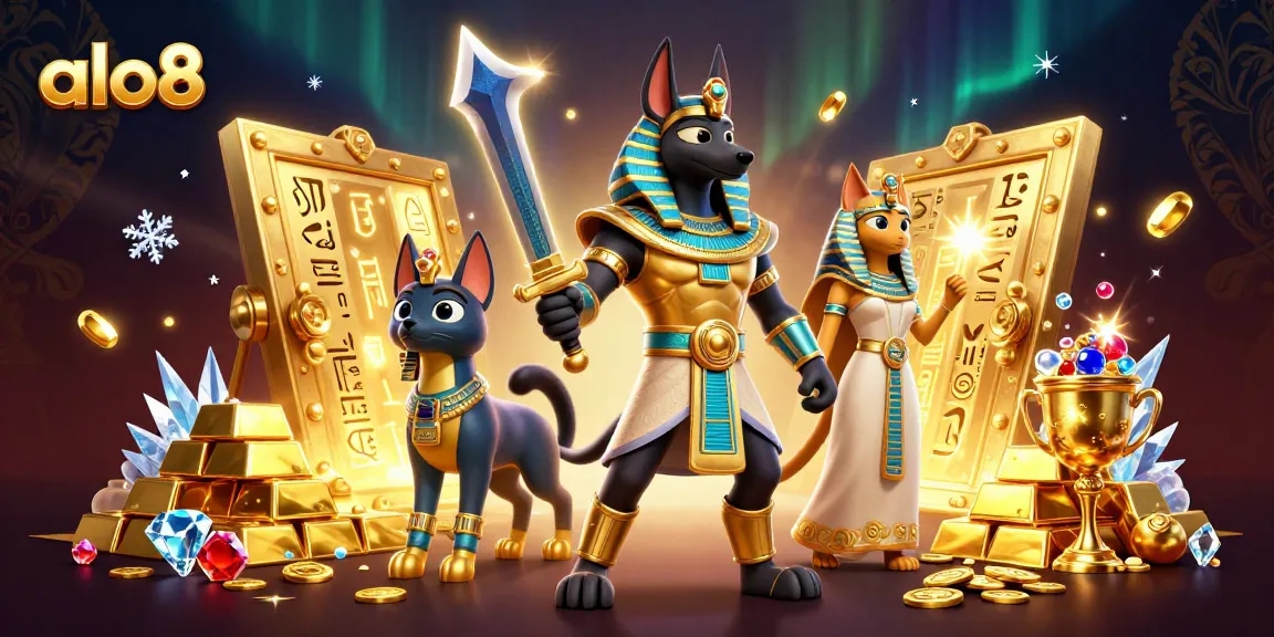 Experience the excitement of alo8 with Anubis and Bastet in a vibrant casino-themed scene filled with treasures.