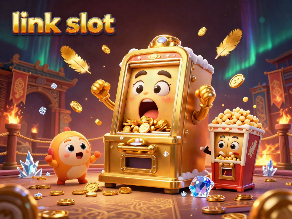 The golden slot machine celebrates a big win with coins spilling out, embodying the excitement of link slot gaming.