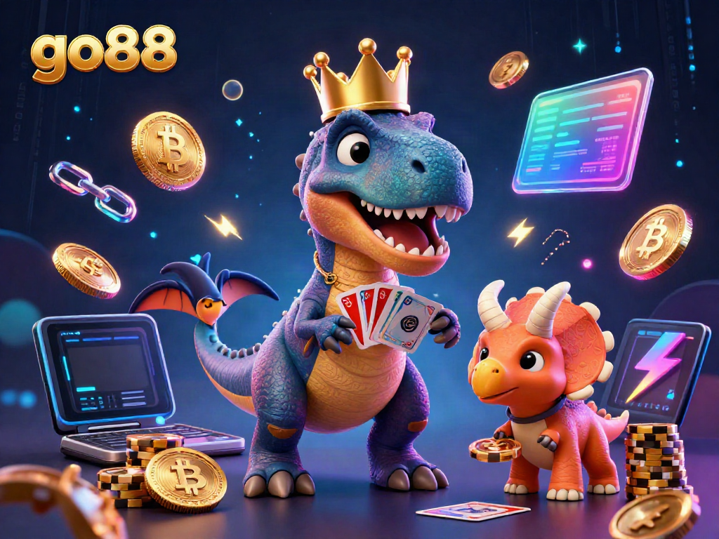 Engage with the vibrant go88 casino scene as friendly characters interact amidst Bitcoin and Ethereum elements.