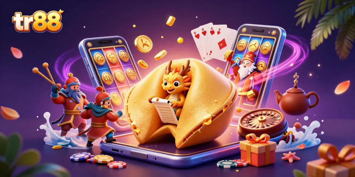 Engage with tr88's vibrant slot games, featuring golden fortune cookies and a wise dragon.