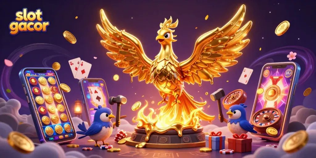 Experience the thrill of winning with slot gacor featuring a golden phoenix and vibrant slot games in an enchanting casino scene.