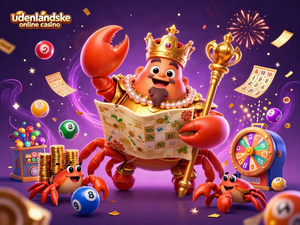 Engage with udenlandske online casino illustrated by a golden crab emperor amidst casino elements.