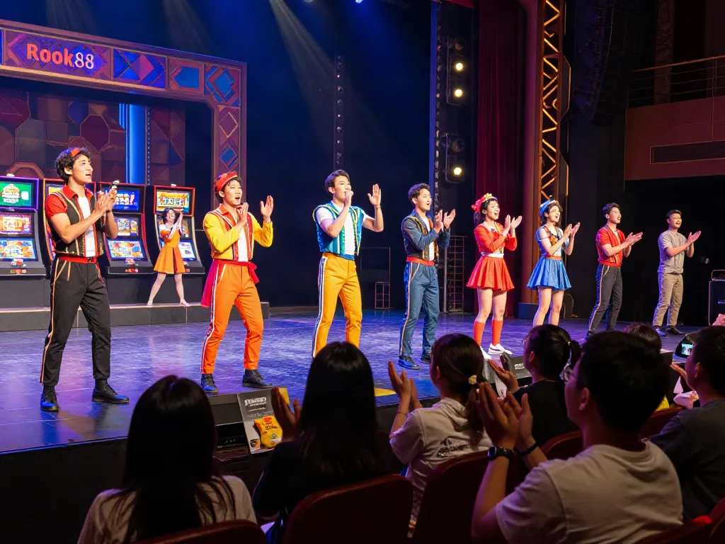 Exciting scene from a live rokok88 slot theatre performance with engaged audience and vibrant actors.