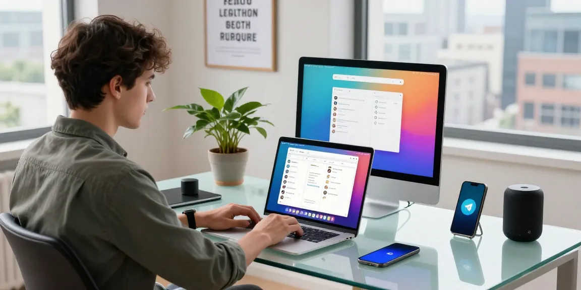 Engaged user accessing the Telegram Web Version from a modern workspace, with vibrant city view and tech gadgets.