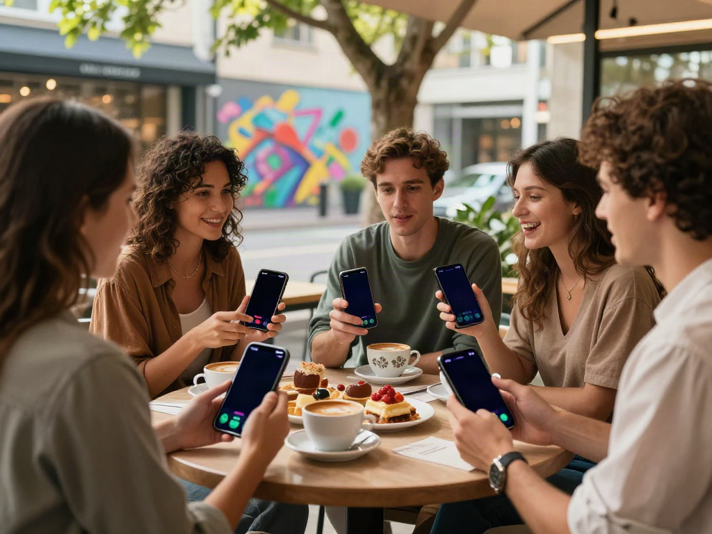 Friends enjoying coffee at an outdoor café while using the rokok88 app, highlighting social interaction.