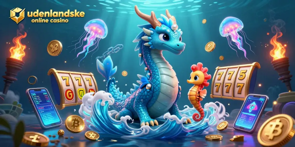 Play at udenlandske online casino with vibrant characters and dynamic slot elements in a fantastical underwater scene.
