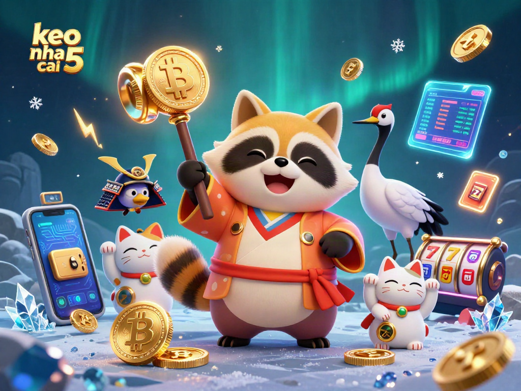 Engage with keo nha cai 5 through a vibrant 3D illustration of a cheerful raccoon dog, symbolizing luck in a casino environment