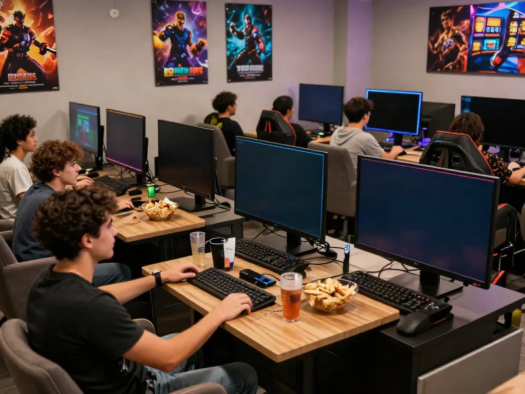 Group enjoying ROKOK88 slot game in a vibrant gaming lounge.
