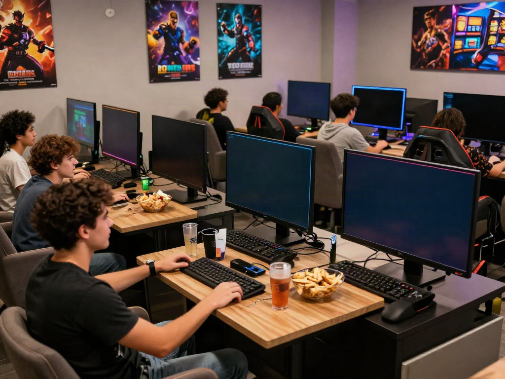 Group enjoying ROKOK88 slot game in a vibrant gaming lounge.