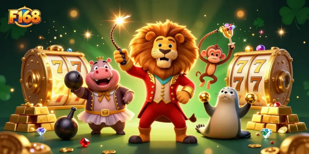 Experience the thrill of F168 with captivating casino characters and vibrant slot visuals.