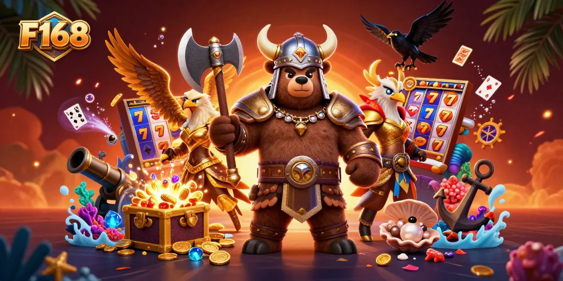 F168 slots action featuring Viking berserker and Valkyrie in a vibrant casino scene.