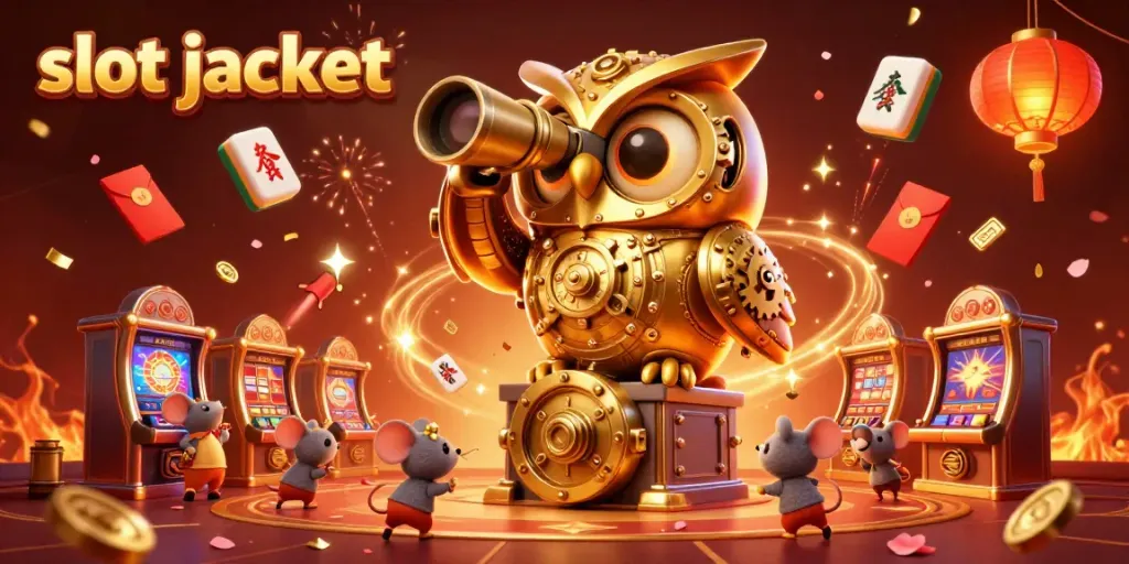 Experience slot jackpot excitement with a golden owl scanning the casino floor and playful mice amidst festive decorations.