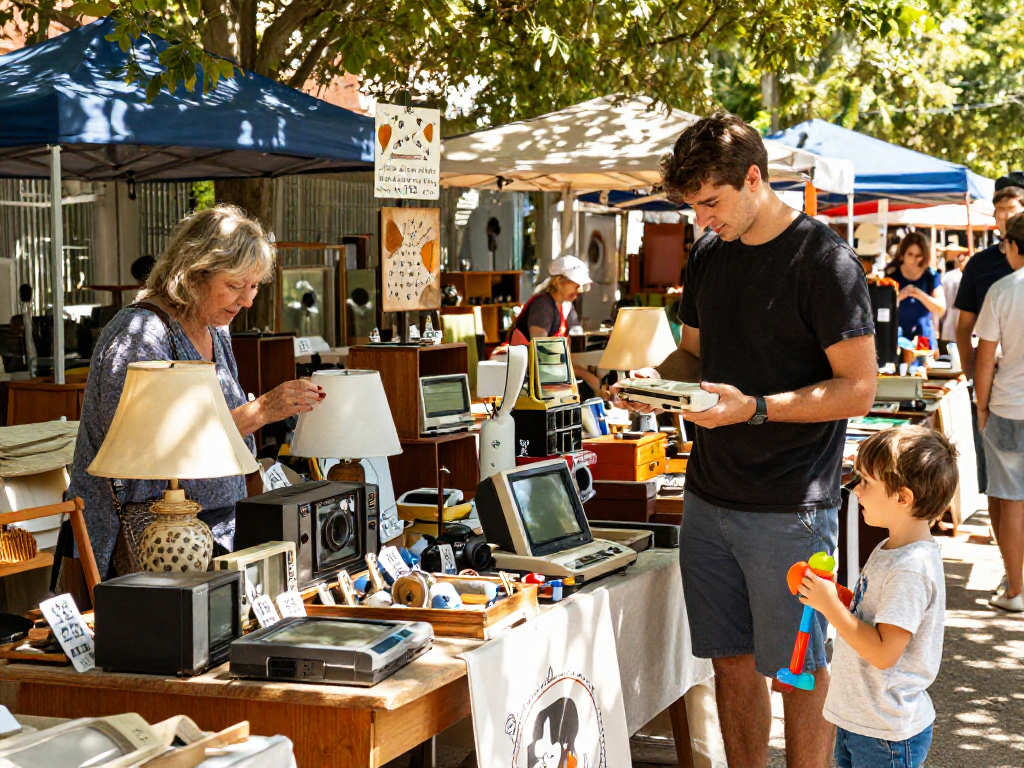 Exploring unique second-hand treasures at a vibrant flea market showcasing rokok 88 items.