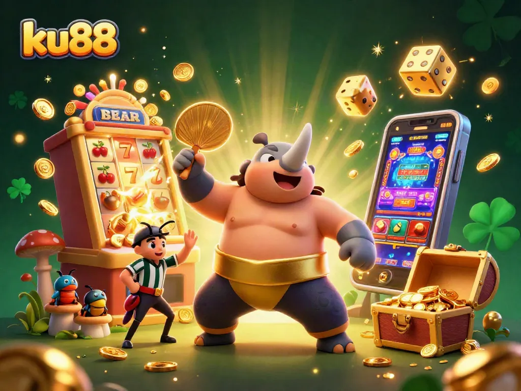ku88 showcases a vibrant 3D casino scene with beetles celebrating a jackpot explosion, highlighting gaming excitement.