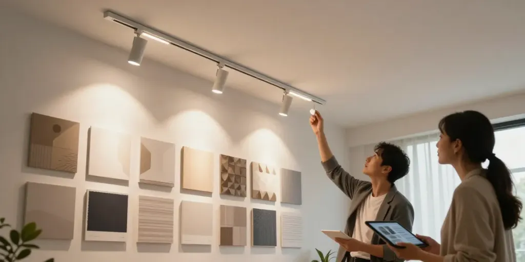 Iluminat modern cu sina magnetică încastrată în birou elegant de design interior.