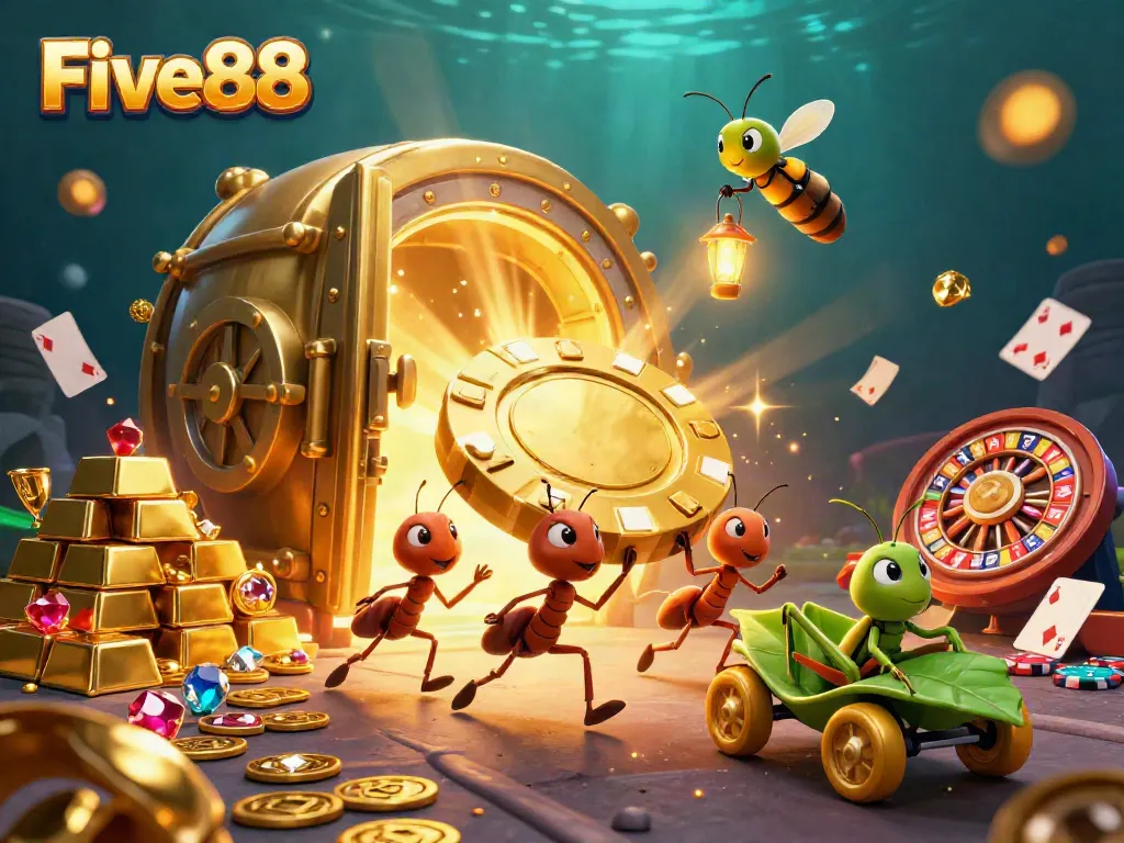 Experience Five88 excitement with animated ants heisting a giant poker chip in a dynamic casino scene.