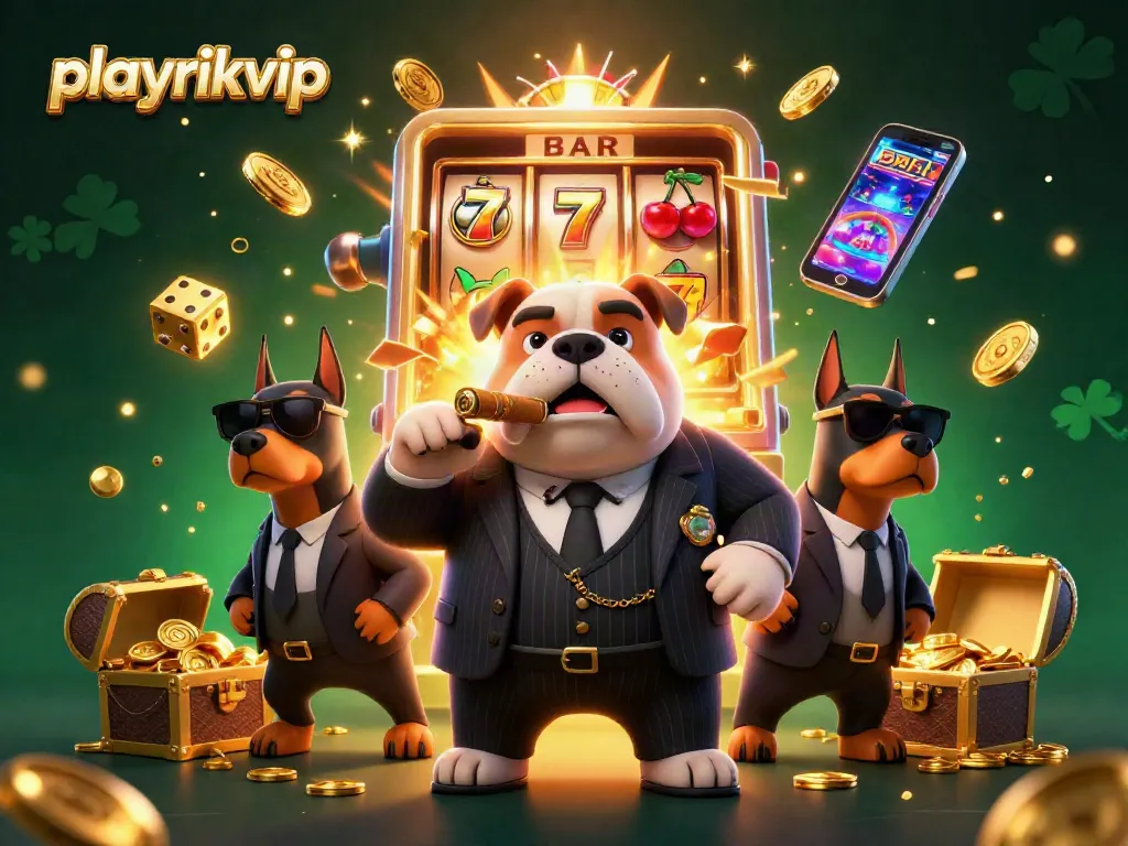 Experience thrilling playrikvip slots with a mafia boss and Doberman bodyguards amidst jackpot excitement.