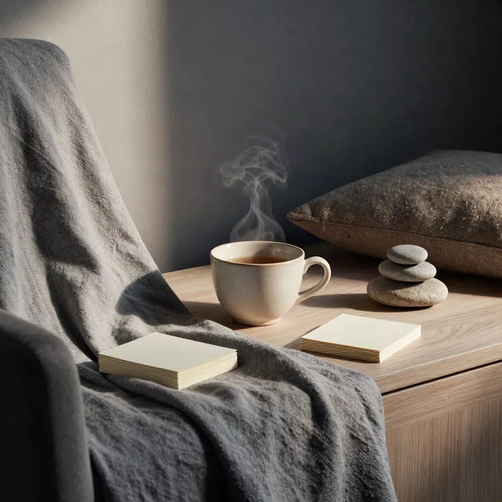 Steam rising from a tea cup beside linen, note cards, stone and armchair at dawn.