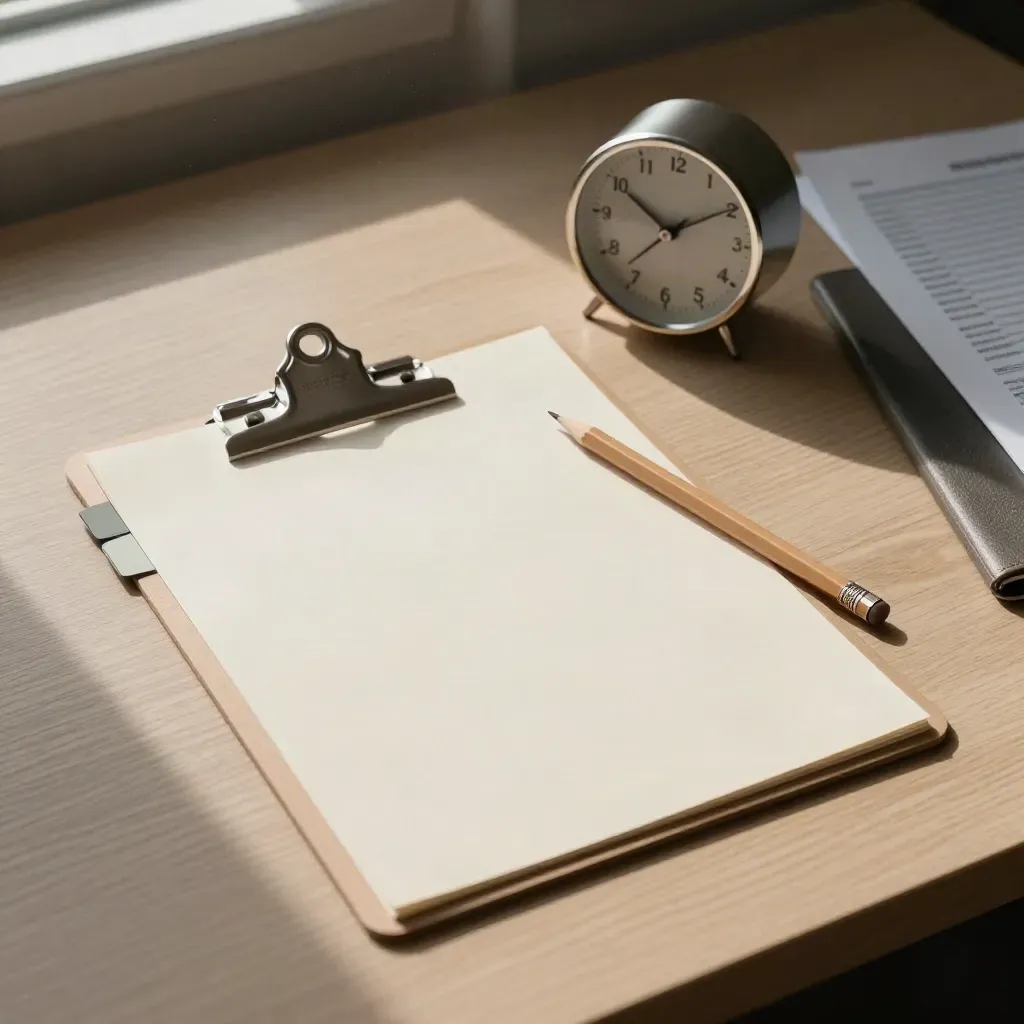 Top-down coaching desk with clipboard, tabs, pencil and clock in soft overcast light.
