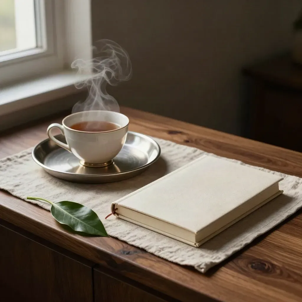 Tea steam, journal, tray, and plant leaf on a walnut counter in soft morning light