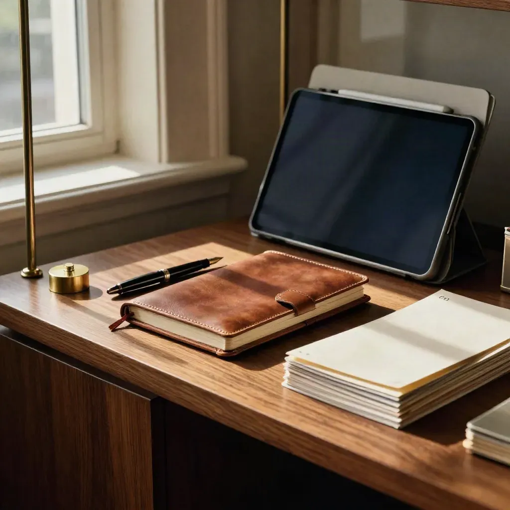Office shelf with leather notebook, fountain pen, brass paperweight, tablet and folder cards in soft window light.