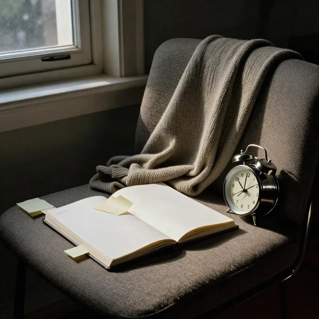 Low side view of a folded sweater, alarm clock, notebook and sticky tabs in a Sunday-night reset.