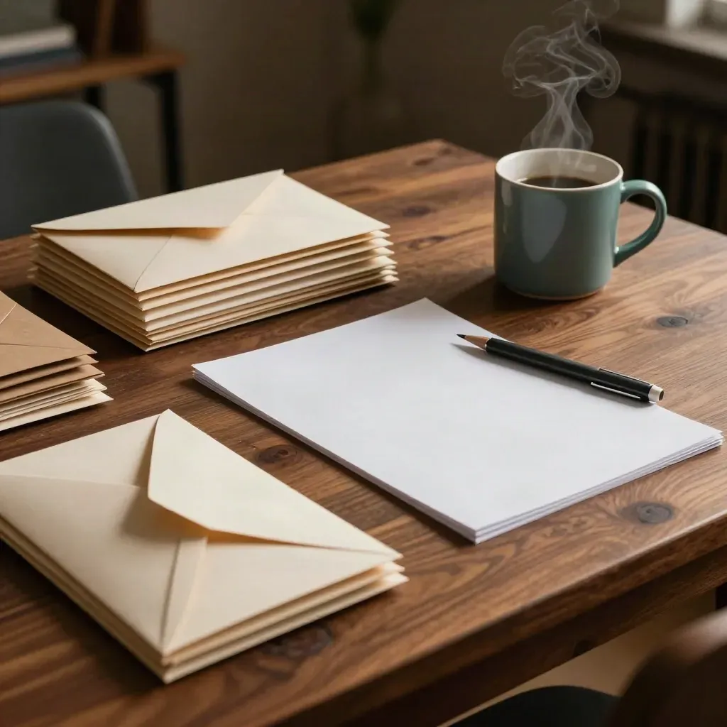 Envelope stack, planning sheet, pen, and teal mug on a warm walnut table in soft evening light.