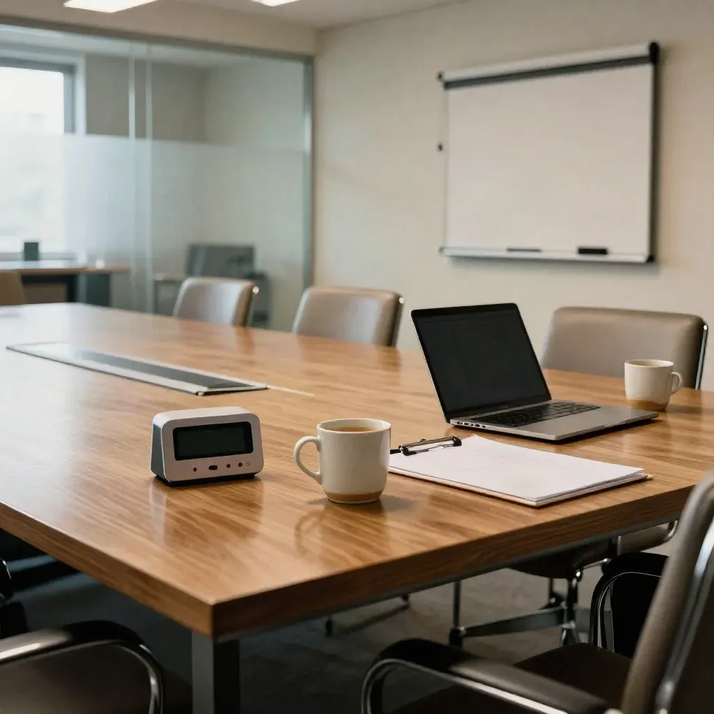 Empty workshop room with mugs, timer, closed laptop and flip pad on an oak table.