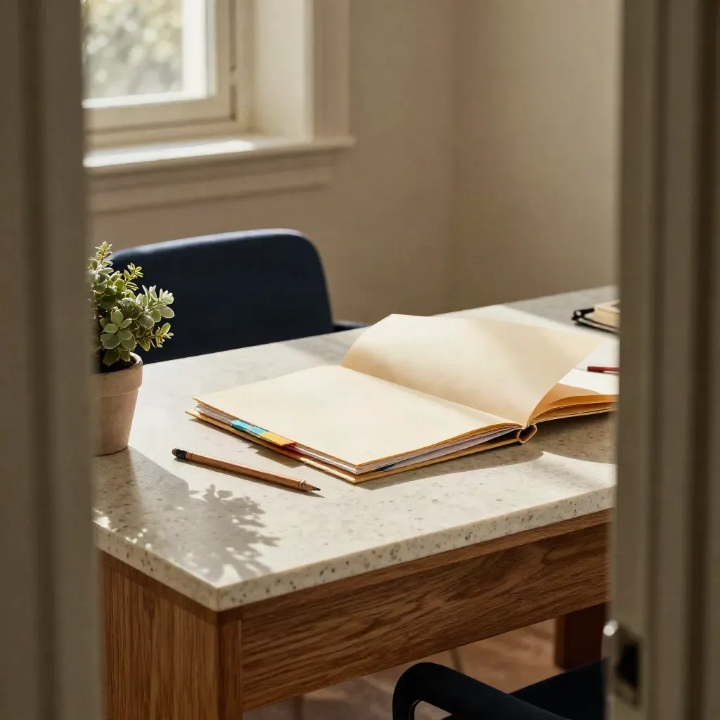 Sunlit coaching desk with opening folder, pencil, notebook, plant and chair viewed through a doorway.