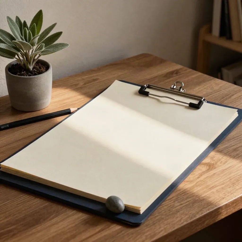 Blank coaching sheet clipped to a board with pencil, plant, and stone paperweight in morning light