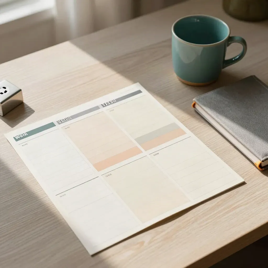 Overhead flatlay of planning cards, a notebook and teal mug on pale wood in soft sun.