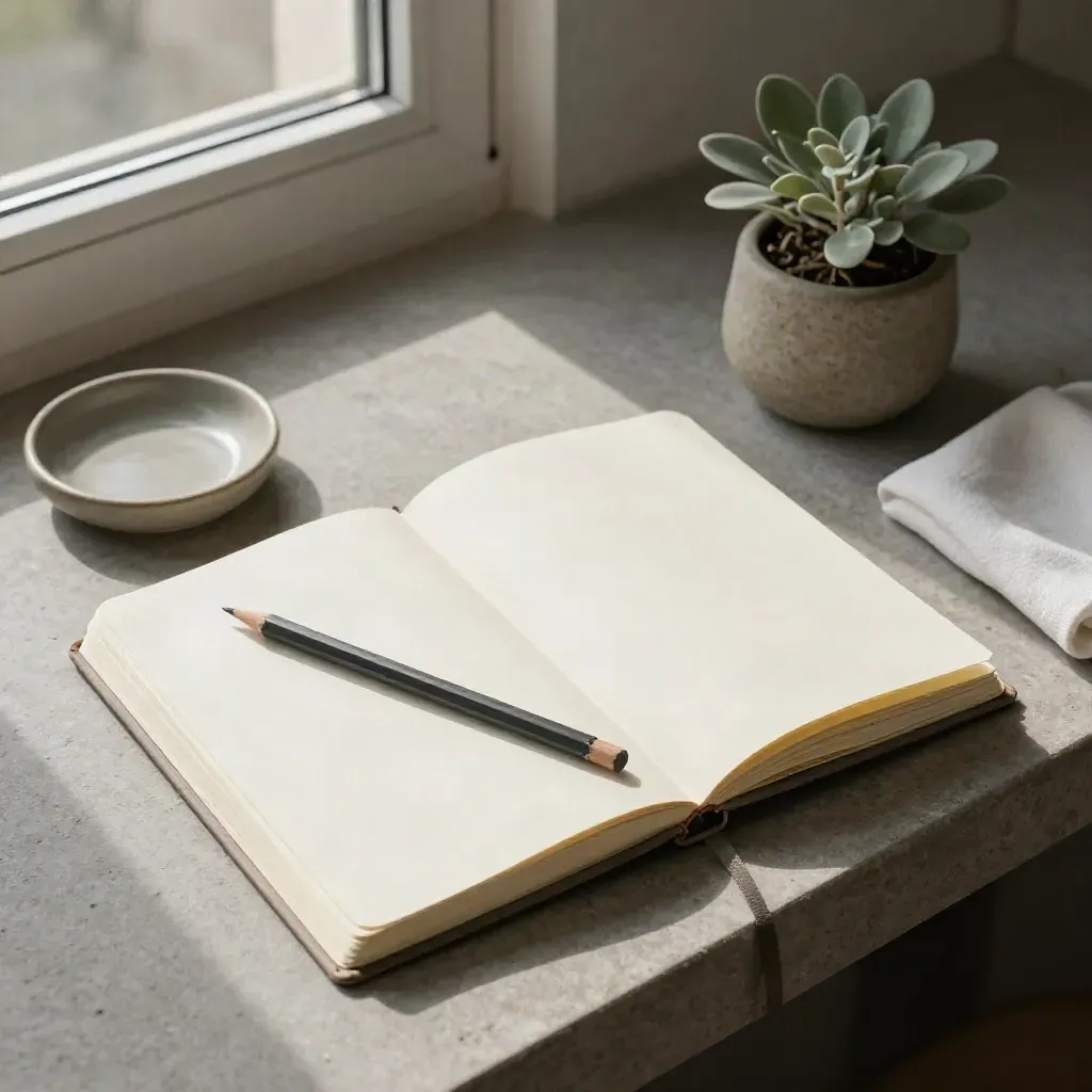 Open goal notebook with pencil, plant, and ceramic dish on a stone shelf