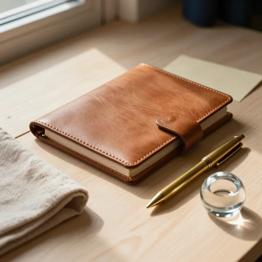 Leather portfolio, brass pen, linen and glass paperweight on pale wood