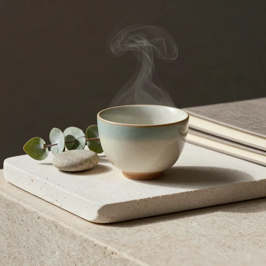 Steam rises from a ceramic tea cup with stone, eucalyptus, and notebook on a plaster sweep.