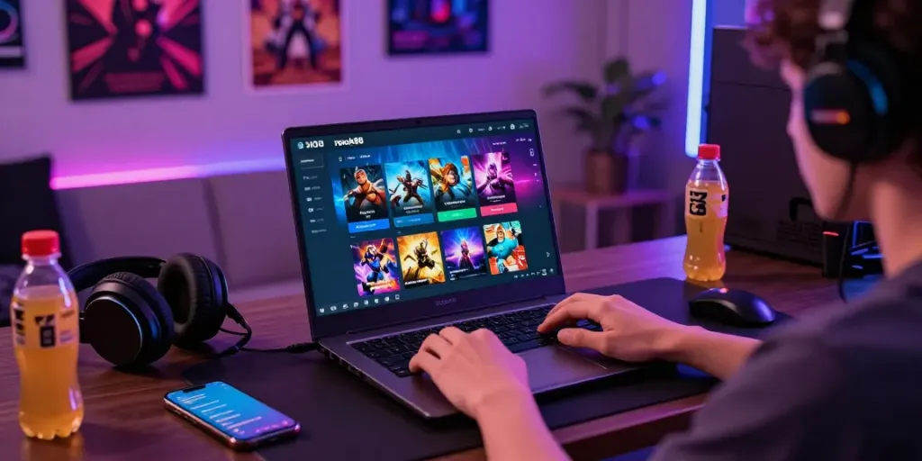 Excited user engaging with rokok88 slot login on a laptop in a modern gaming setup.