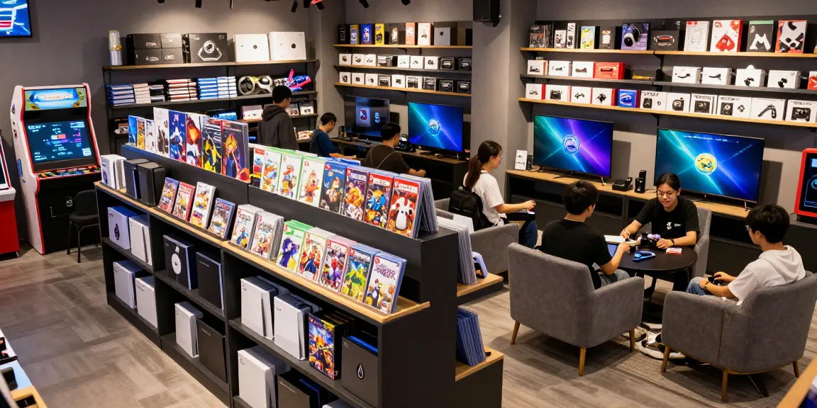 Explore rokok88 gaming store with vibrant consoles and accessories, inviting atmosphere.