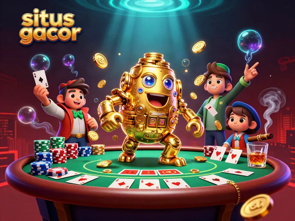 Experience winning with situs gacor featuring a captivating 3D illustration of golden golem and dynamic poker elements.