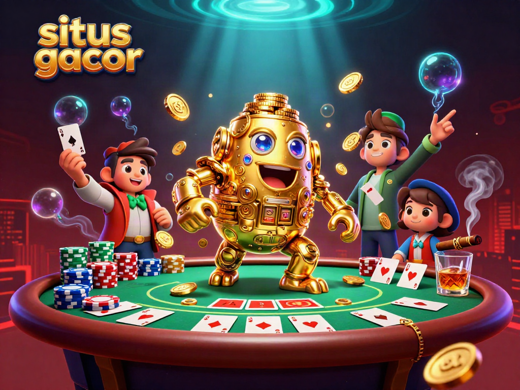 Experience winning with situs gacor featuring a captivating 3D illustration of golden golem and dynamic poker elements.