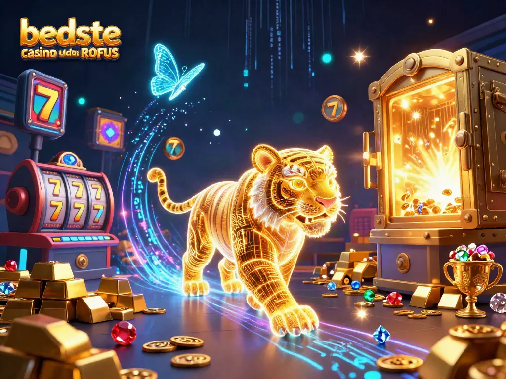 Engage with the excitement of bedste casino uden ROFUS featuring vibrant neon symbols in a dynamic digital landscape.