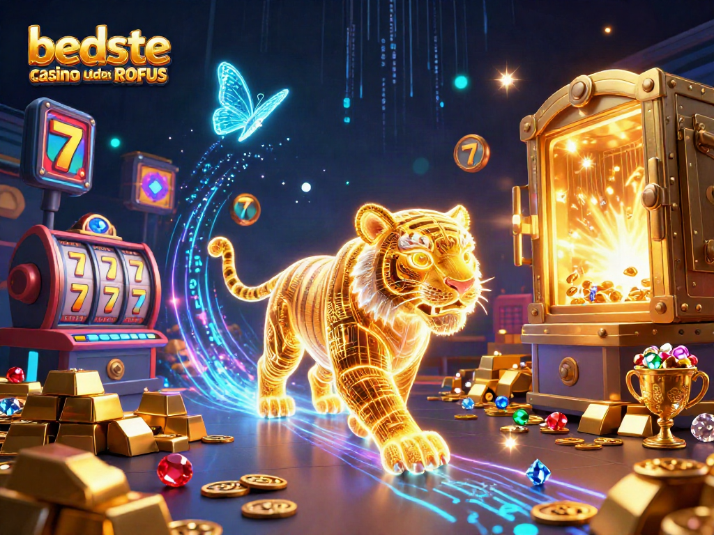 Engage with the excitement of bedste casino uden ROFUS featuring vibrant neon symbols in a dynamic digital landscape.