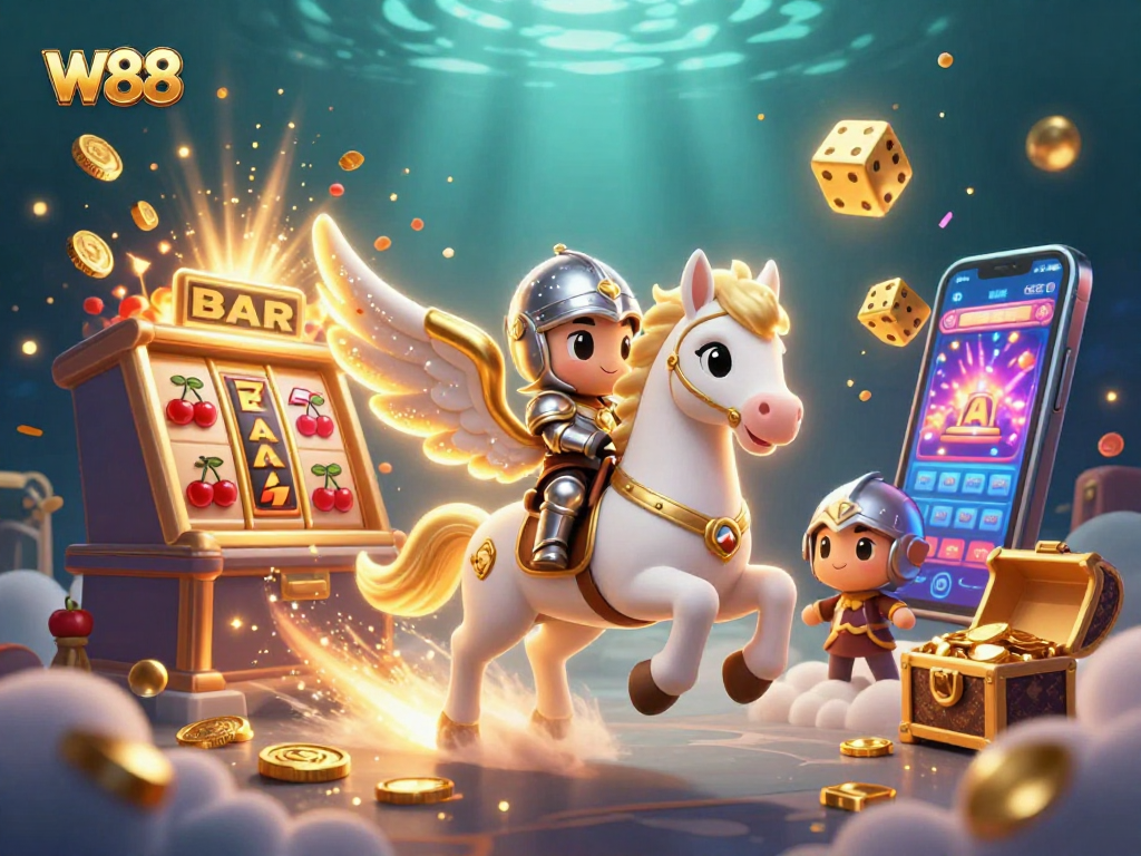 W88 offers a dynamic gaming experience with a jackpot explosion and a galloping knight.