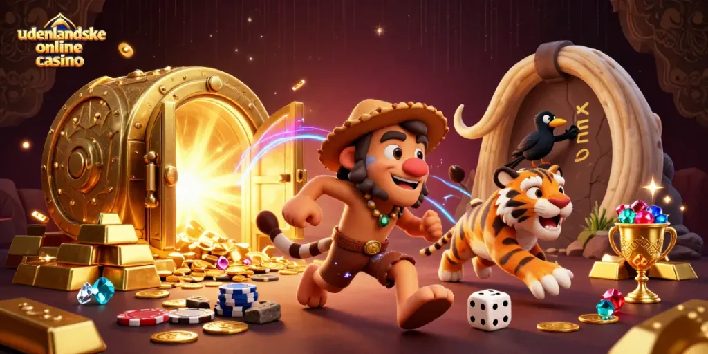 Experience the excitement of udenlandske online casino with a vibrant 3D cartoon scene of prehistoric Gaming.