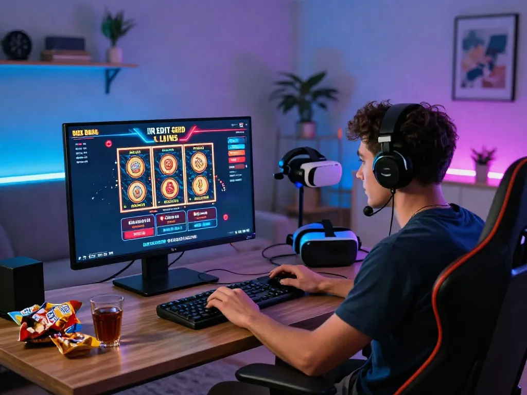 UK player enjoying new credit card casinos in a vibrant gaming setup, showcasing immersive online gambling experience.